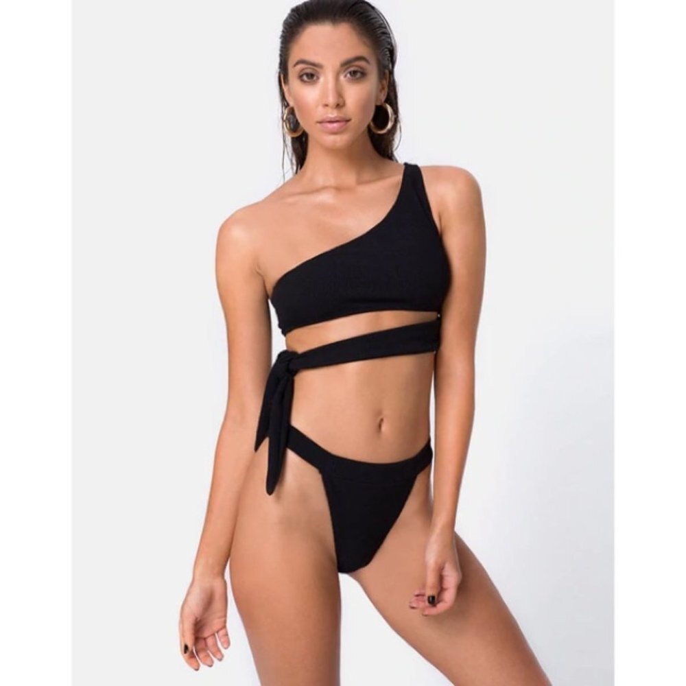Motel Women’s Bikini Bottoms Swim Crinkle Ribbed Knit Low rise Black Size XS
